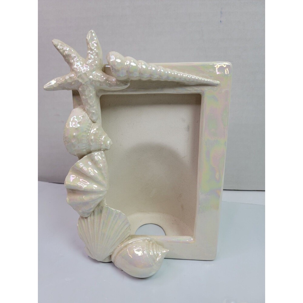 Karen’s Kritter’s Seashell Ceramic Photo Frame Coin Bank Iridescent Coastal